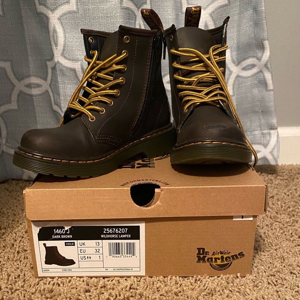 Child’s Dr. Martens U.S. size 1 UK size 13. Dark Brown